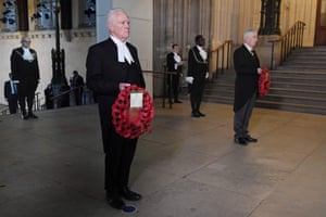 The Lord Speaker, Lord McFall of Alcluith (front left) and Sir Lindsay Hoyle, Speaker of the Commons (front right) prior to laying wreaths to honour the fallen in Westminster Hall earlier today.