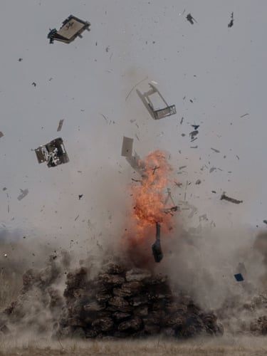 An explosion of fire and debris bursts from a pile of rubble, scattering objects into the sky