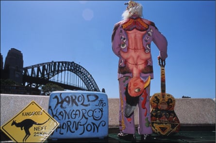 Thornton dressed for busking in front of the Sydney Harbour Bridge