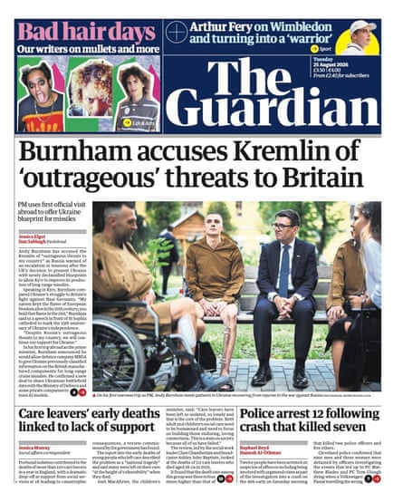 Front page of the Guardian 25 August 2026