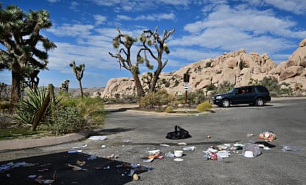 Trash strewn along a road in Joshua Tree national park