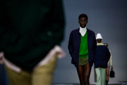 Khaki shorts worn with blues and greens.