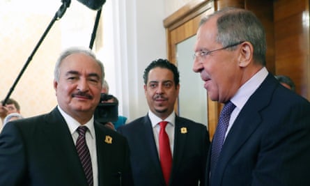 Khalifa Haftar, left, with Russia’s foreign minister, Sergei Lavrov, in Moscow in 2017.