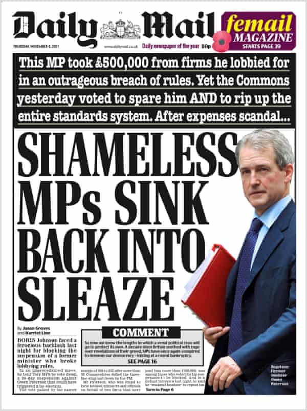 Front page of the Daily Mail, 4 November 2022, showing Owen Paterson with the headline 