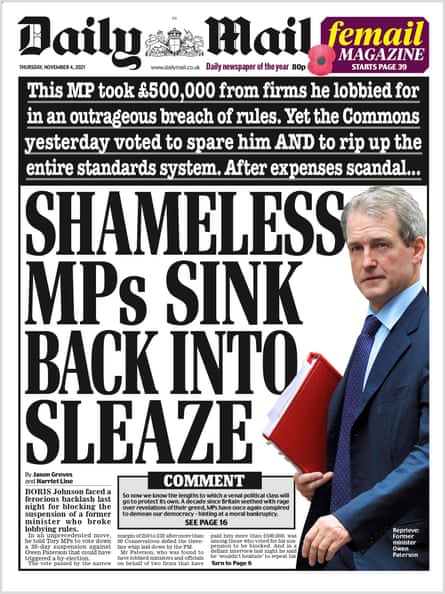Daily Mail front page, 4 Nov 2022, picturing Owen Paterson with headline “Shameless MPs sink back into sleaze”