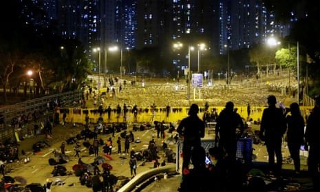 Protesters at the Chinese University in Hong Kong set up barricades outside the occupied campus.