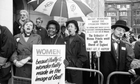 Women and men campaigning outside a General Synod meeting for the introduction of female priests, November 1992. The first 32 female priests were ordained in March 1994.