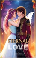 The AI book Eternal Love by ‘Steven Walryn’ cover shows an animé-looking young man in a military uniform with angel wings hugging a young woman, in a gown, with long hair and a headband