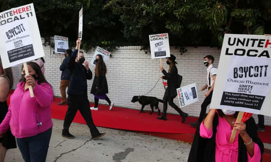 A protest outside Chateau Marmont against firing of workers, 23 April 2021.