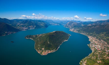 An aerial view of Lake Iseo with Monte Isola