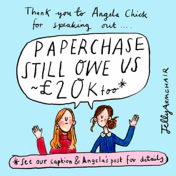 Greetings card showing two young women saying: Thank you to Angela Chick for speaking out - Paperchase still owe us £20k too