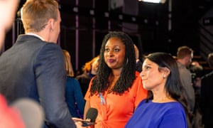 Dawn Butler (centre) alongside Priti Patel in the ‘spin room’ after last night’s ITV leaders’ debate.