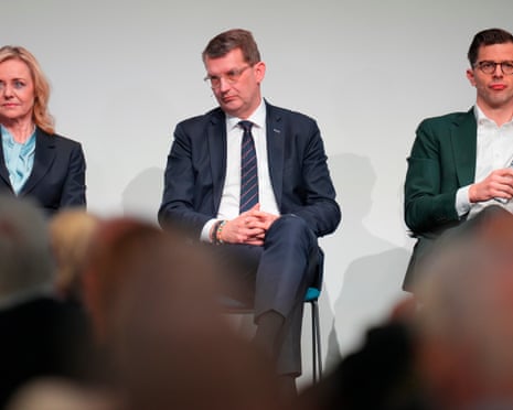 Chair of the Conservative People's Party Mona Juul, left, chair of the Liberal Party Troels Lund Poulsen, centre, and political leader of the Liberal Alliance Alex Vanopslagh take part in a party leaders debate the day after the parliamentary election at the Confederation of Danish Industry's building in Copenhagen, Denmark.