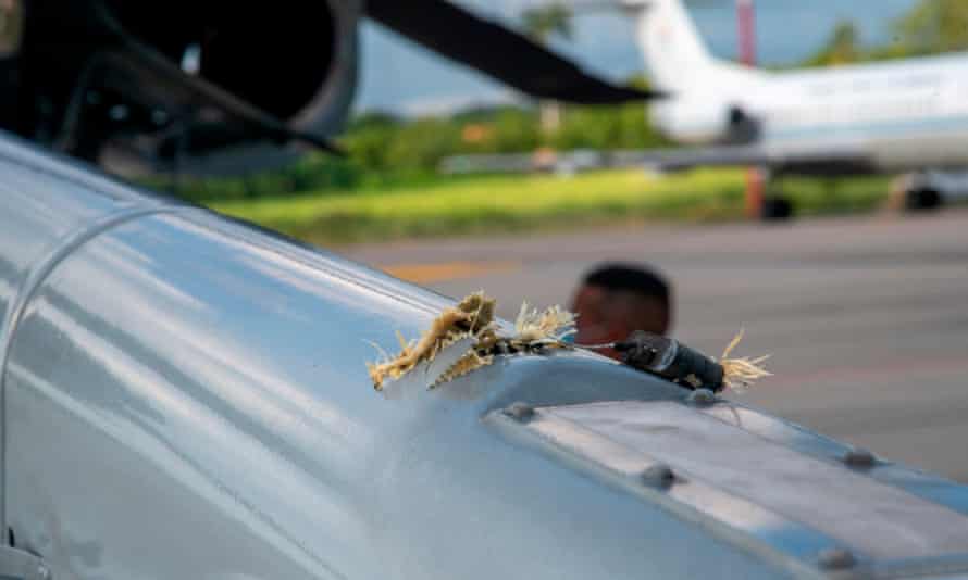 Bullet damage to the helicopter carrying the president of Colombia and other top officials.