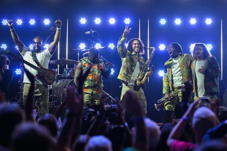 Mercury Prize 2023: London band Ezra Collective scores first-ever jazz win | Mercury Price 1 Ezra Collective celebrates their victory.