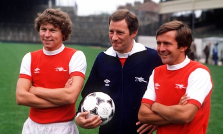 Arsenal manager Terry Neill is pictured with his two former QPR players, John Hollins (right) and new signing Clive Allen in June 1980.