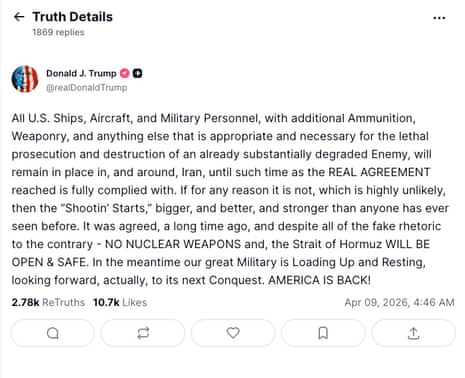 Donald Trump post on Truth Social re US-Iran ceasefire deal