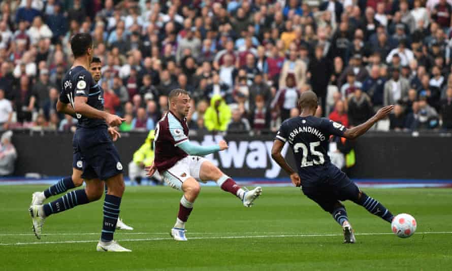 West Ham United’s Jarrod Bowen scores their second goal.
