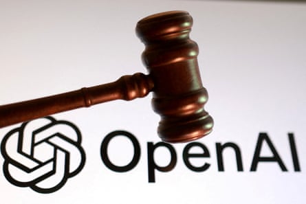 Illustration shows Open AI logo and a court gavel