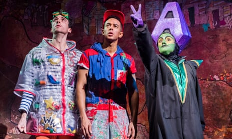 Wishy Washy (Arthur McBain), Aladdin (Karl Queensborough) and Abanazer (Vikki Stone) in Aladdin at the Lyric Hammersmith.