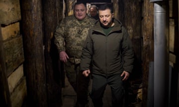 Volodymyr Zelenskiy, the Ukrainian president, inspects fortifications during a visit to Sumy oblast on Wednesday