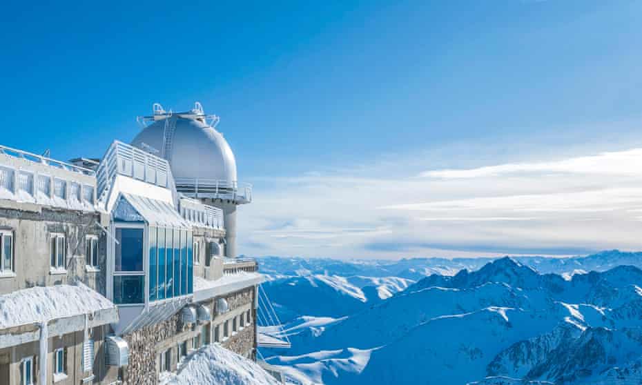The Pic du Midi Observatory overlooking mountains and sky in the French Pyrenees