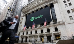A Spotify banner adorns the facade of the New York Stock Exchange.