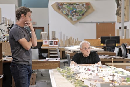 Facebook founder Mark Zuckerberg with architect Frank Gehry discuss models of Facebook's Menlo Park campus