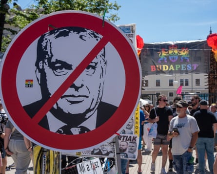 A ‘stop Viktor Orbán’ sign during the banned Budapest Pride in 2025