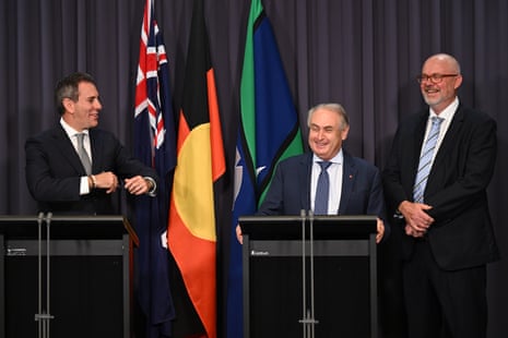 (L-R) Treasurer Jim Chalmers, trade minister Don Farrell and industry minister Tim Ayres speak to the media during a press conference at Parliament House in Canberra on Thursday.