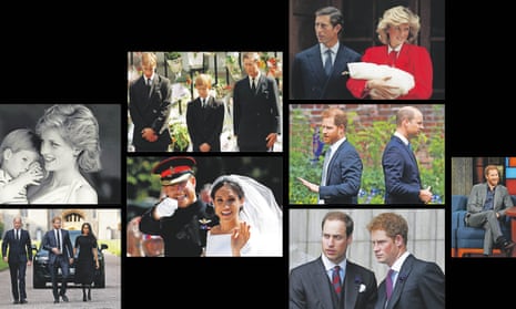 Clockwise from bottom left: Kate, William, Harry and Meghan at Windsor Castle after the Queen’s death, 2022; Harry aged three with his mother, Diana, Princess of Wales; princes William, Harry and Charles at Diana’s funeral procession, 1997; a day-old Prince Harry meets the press, 1984; Harry and William on what would have been their mother’s 60th birthday, 2021; Harry on The Late Show With Stephen Colbert last week; the brothers in 2012; Harry and Meghan after their wedding in 2018.