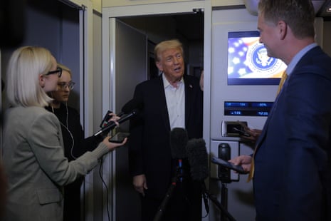 Donald Trump speaks to the media aboard Air Force One after the signing ceremony in Sharm el-Sheikh.