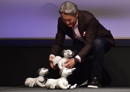 Sony chief executive Kazuo Hirai bends down to pet one of the new Aibo robotic dogs.