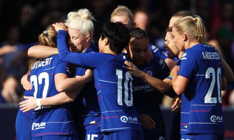 Chelsea celebrate Bethany England’s goal.