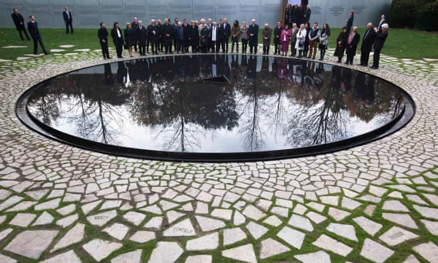 Angela Merkel attending the 2012 inauguration ceremony at the memorial to the murdered European Sinti and Roma who were persecuted as Gypsies during the second world war.