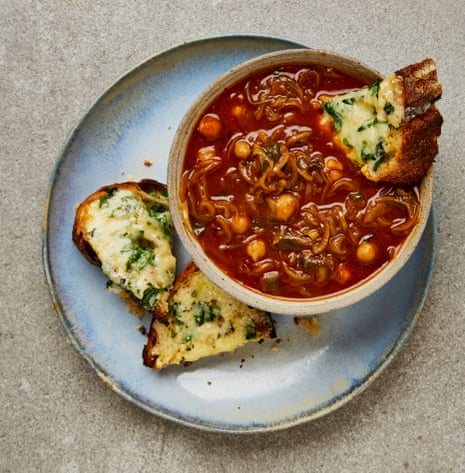 Yotam Ottolenghi’s hawaij, onion and chickpea soup with cheesy bread