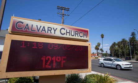 A sign shows the temperature on September 5, 2020 in Woodland Hills in Los Angeles County, California.