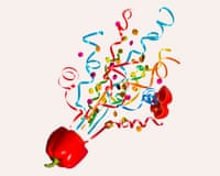 An illustration of colourful ribbons and confetti burst upward from an opened red bell pepper.