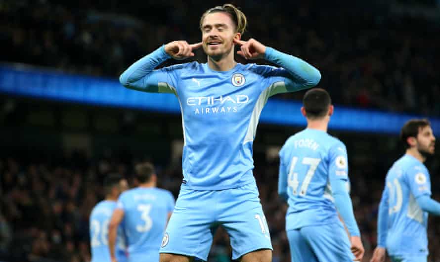 Jack Grealish celebrates after scoring against Leeds in December