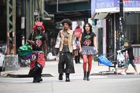 Three extremely Brooklyn young people walk in Brooklyn.