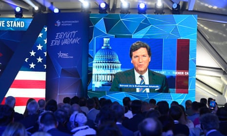 Tucker Carlson appears by video link at the European CPAC conference in Hungary earlier this month.