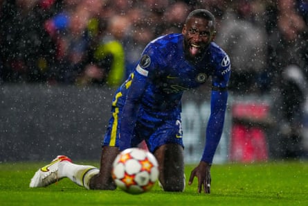 Antonio Rüdiger sticks out his tongue after winning a penalty against Malmö in the Champions League earlier this month.