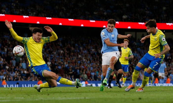 Manchester City’s Julian Alvarez scores their sixth goal.