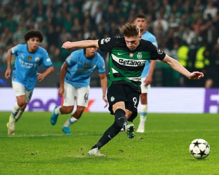 Viktor Gyökeres puts away a penalty to complete his hat-trick for Sporting against Manchester City last November