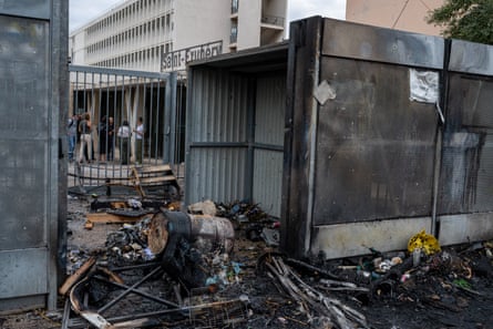 Burnt waste at the entrance of the Saint-Exupéry high school amid high school student protests, in the 15th arrondissement of northern Marseille.