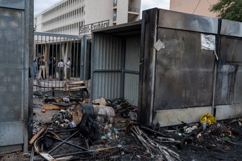Burnt waste at the entrance of the Saint-Exupéry high school amid high school student protests, in the 15th arrondissement of northern Marseille.