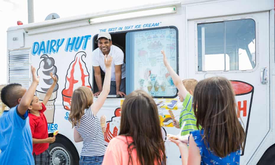 Children waving at man in ice-cream truck