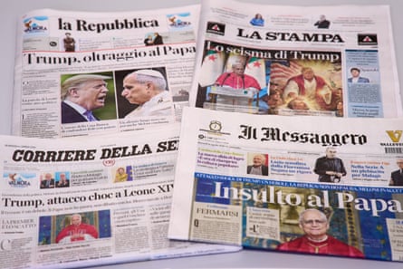 The front pages of some Italian newspapers reporting on comments by Donald Trump about Pope Leo, with headlines using words such as 'outrage', 'shock attack', 'insult' and 'Trump's schism'