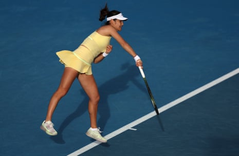 Emma Raducanu serves in her second round match against Yafan Wang of China.