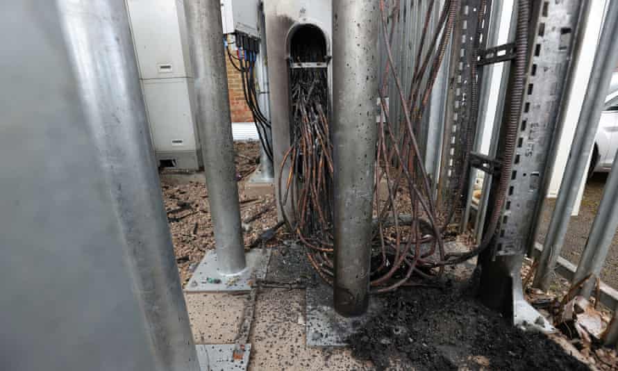 The wiring of a telecoms mast damaged by fire in Sparkhill, Birmingham.